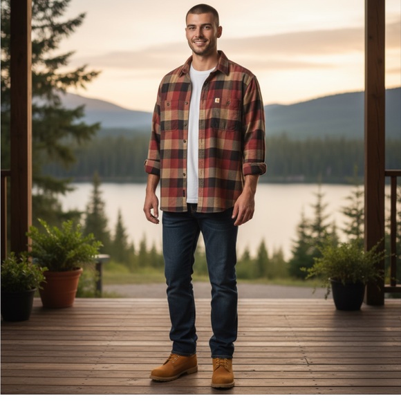 Carhartt Men's Relaxed Fit Casual Plaid Shirt, Red and Tan, Size 2XL Tall - Picture 1 of 10